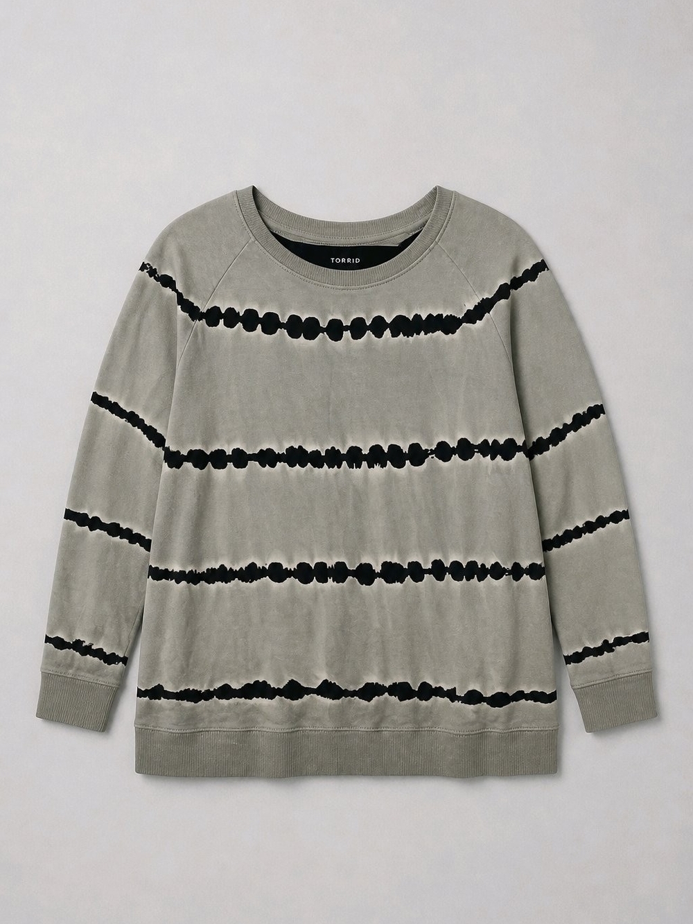142 Torrid 0 L XL Olive Green and Black Striped Tie-Dye Crewneck